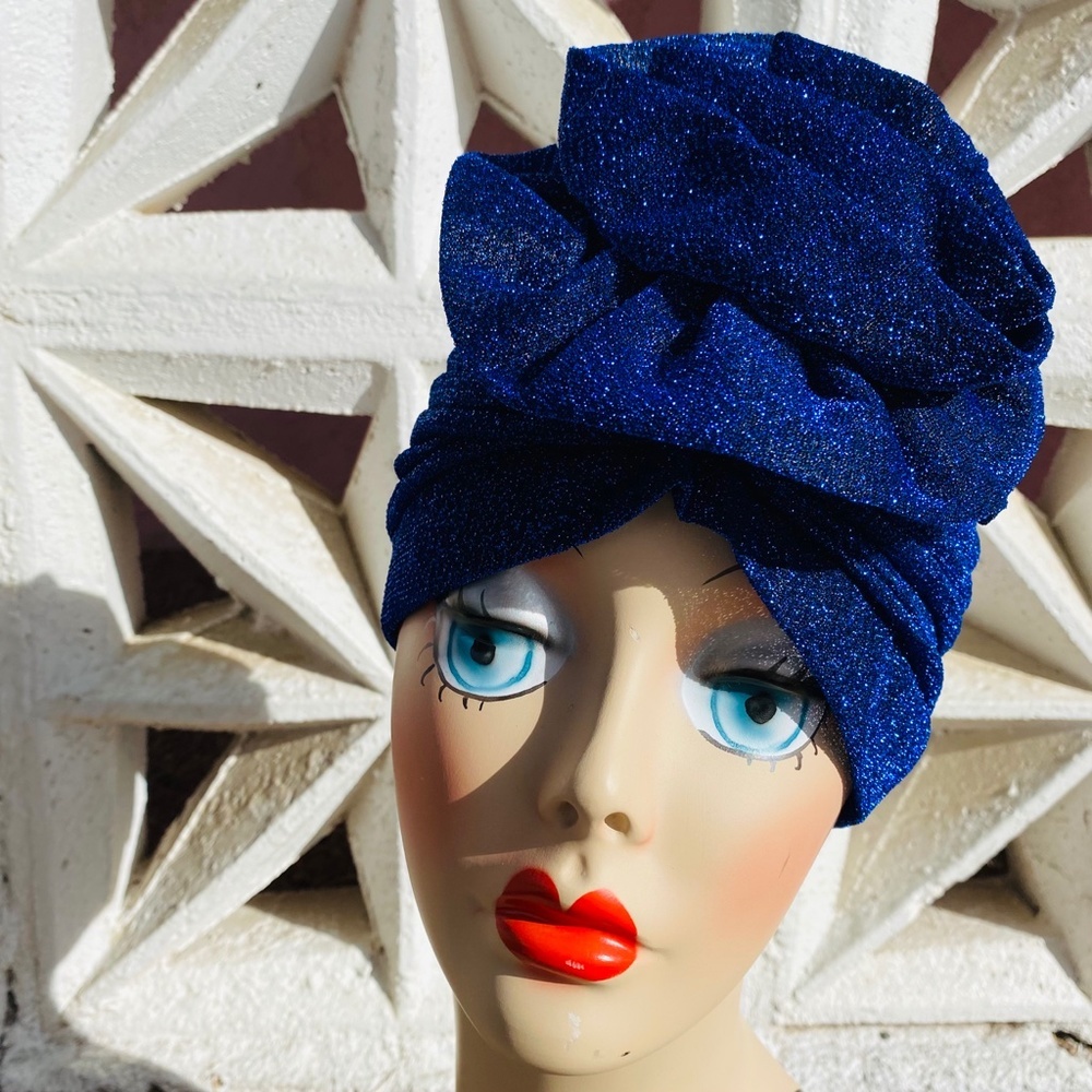 Royal Blue Gorgeous sparkle metallic flower turban - Picture 2 of 4
